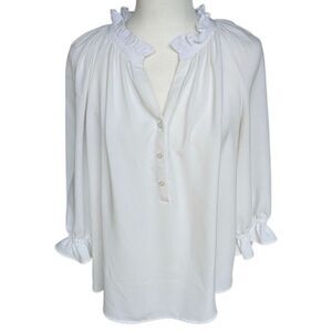 Preston & York Off White Peasant Blouse Women Medium Round Ruffle 3 Button Neck
